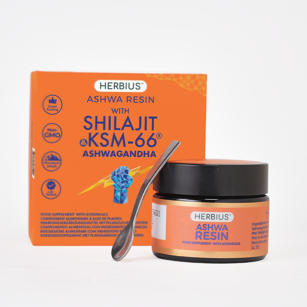 Herbius® ASHWA RESIN: Een Krachtige Mix van Puur Himalaya Shilajit en de Meest Klinisch Onderzochte Ashwagandha ter Wereld (KSM-66®)
