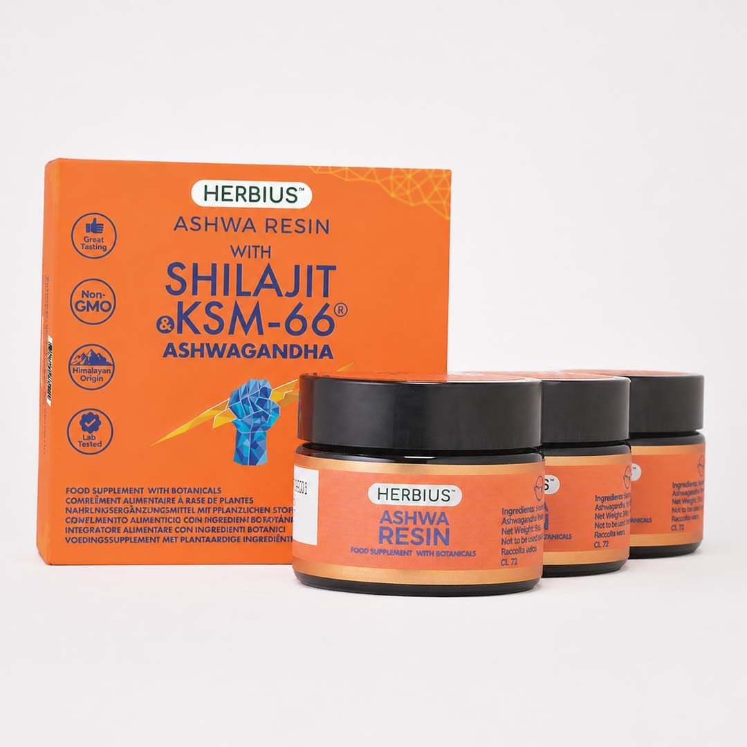 Herbius® ASHWA RESIN: Een Krachtige Mix van Puur Himalaya Shilajit en de Meest Klinisch Onderzochte Ashwagandha ter Wereld (KSM-66®) (Set van 3)