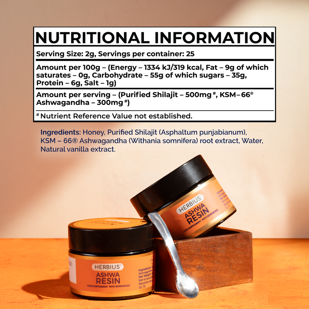 Herbius® ASHWA RESIN: Een Krachtige Mix van Puur Himalaya Shilajit en de Meest Klinisch Onderzochte Ashwagandha ter Wereld (KSM-66®)